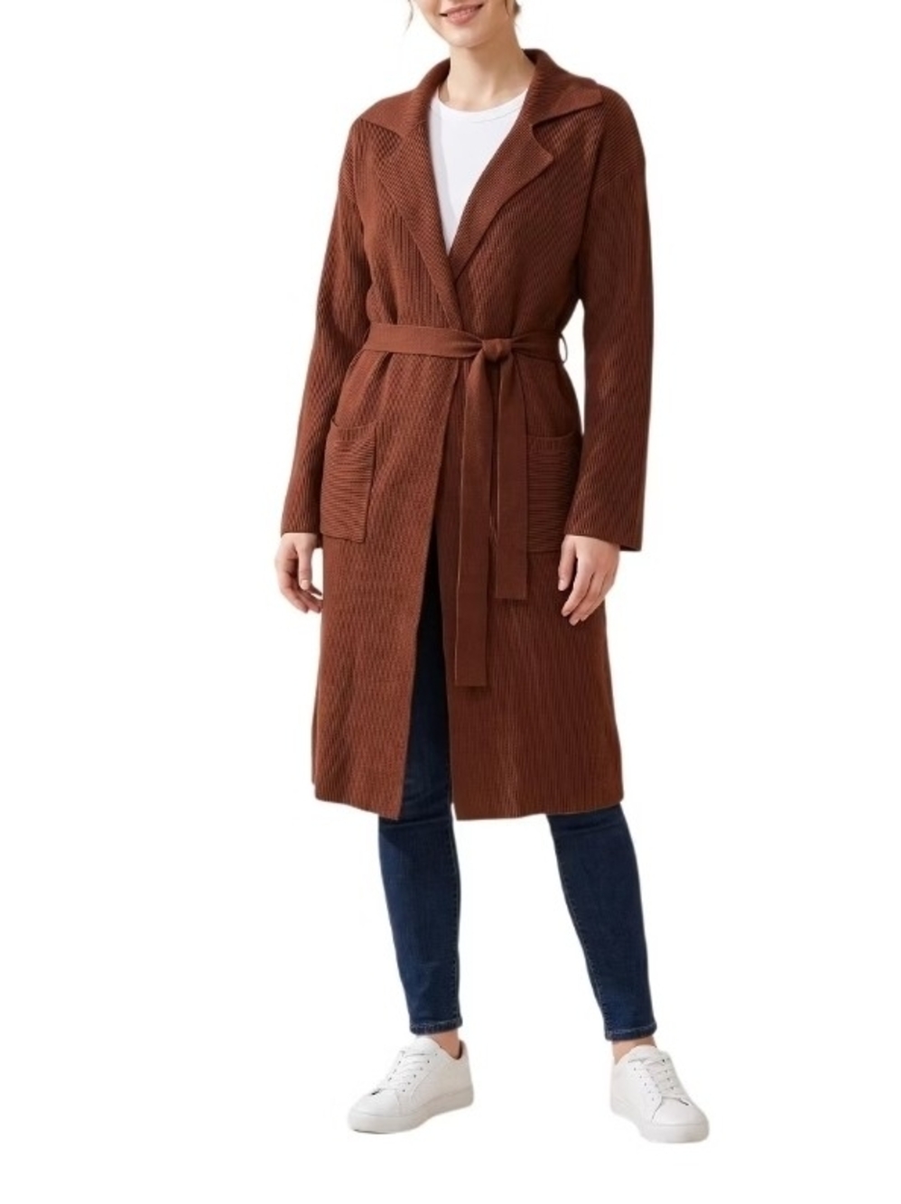 Women's Notch Lapel Belted Long Rib Knit Open Front Cardigan Coat Medium Brown